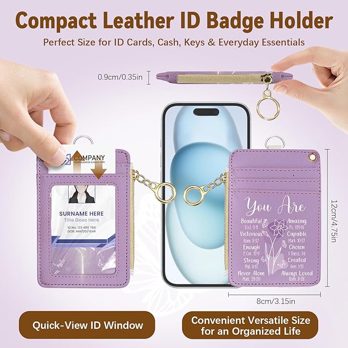 Christian Leather Badge Holder with Zipper Pocket, Purple Christ Work Lanyards and 1 Zip Pocket, 4 Card Slots, Breakaway Lanyards with Metal Clasp for Offices, Adult, Employees