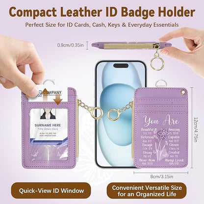 Christian Leather Badge Holder with Zipper Pocket, Purple Christ Work Lanyards and 1 Zip Pocket, 4 Card Slots, Breakaway Lanyards with Metal Clasp for Offices, Adult, Employees