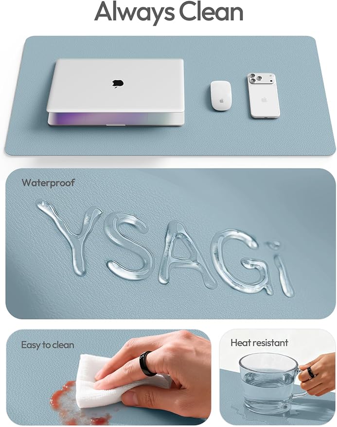 YSAGi Leather Desk Protector, Office Mat, Large Mouse Mat, Non-Slip PU Leather Blotter, Laptop Pad, Waterproof Writing Pad for Office and Home (Ice Blue, 47.2" x 23.6")