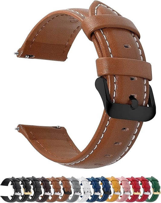 12 Colors for Quick Release Leather Watch Band, Fullmosa Axus Genuine Leather Watch Strap Women Men 14mm, 16mm, 18mm, 19mm, 20mm, 22mm or 24mm (choose the proper size), Brown+black buckle, Classic