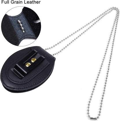 Wisdompro Police Badge Holder, Cowhide Leather Universal Police Badge Holder Pocket Case with Stationary Mn-Steel Belt Clip, Hook and Loop Closure and Stainless Bead Chain Necklace- Oval Shape