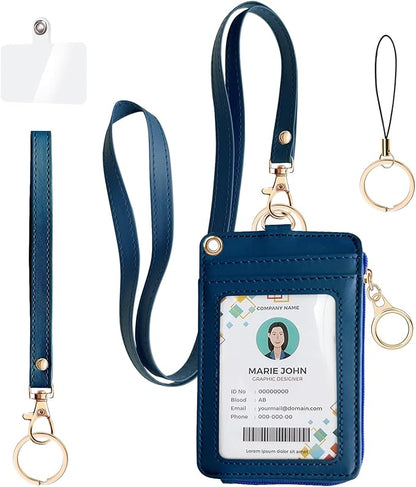 Bolimoss 2-in-1 Badge & Lanyard Wallet - Multiple Slot Leather ID Holder with Wristlet & Neck Lanyard for Cruise Ship, Credit Cards, Office/School ID, Work Name Cards - Navy Blue