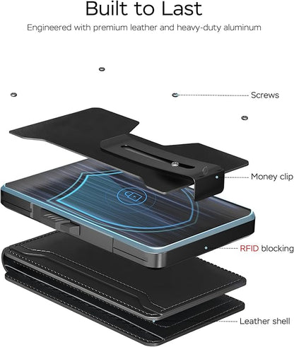 RFID Wallet for Men with AirTag Holder - Brushed Aluminum Pop Up Card Holder, Slim Money Clip Wallet Fits Front Pocket with ID Window, Holds 11 Cards and Cash, Gift for Men