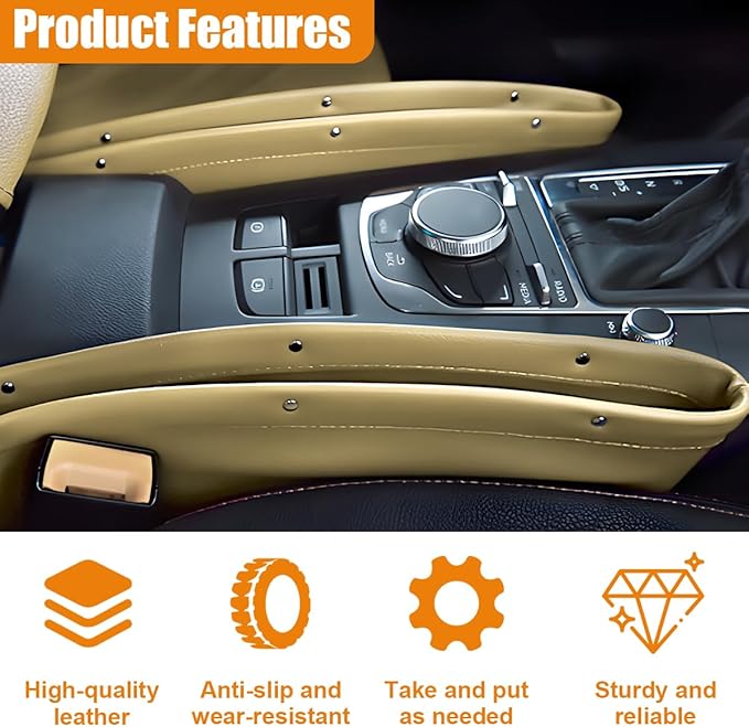 Car Seat Gap Filler Organizer, L-Capacity Leather Automotive Interior Storage Box, Universal Vehicle Side Seat Gap Filler Accessories for Keys, Phones, Glasses (Beige)