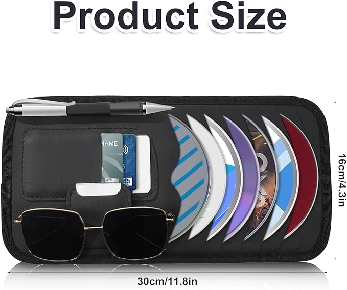 Black Car CD Holder, Leather Car Visor Organizer Sun Visor Case Holders Multi-Function DVD Vehicle Visors Storage Organizer Cars Visors Holders with Storage, Eyeglassclip, Card Slots & Pen