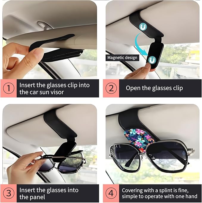 Sunglasses Holder for Car Visor, PU Leather Glasses Clip Organizer, Cute Magnetic Eyeglass Holder for Vehicle Sun Visor, Car Interior Accessory for Women & Men Tropical Neon Flowers