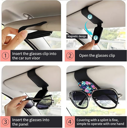 Sunglasses Holder for Car Visor, PU Leather Glasses Clip Organizer, Cute Magnetic Eyeglass Holder for Vehicle Sun Visor, Car Interior Accessory for Women & Men Tropical Neon Flowers
