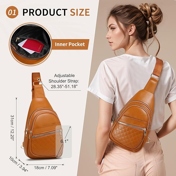 Crossbody Bags for Women Men,Leather Sling Bag Cross Body Backpack for Women, Casual Chest Bag Daypack for Travel Hiking, Brown