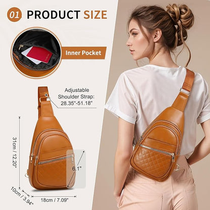 Crossbody Bags for Women Men,Leather Sling Bag Cross Body Backpack for Women, Casual Chest Bag Daypack for Travel Hiking, Brown