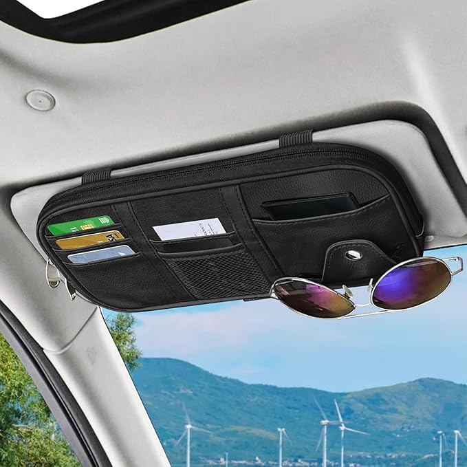 Car Sun Visor Organizer, Sunglasses Holders for Car Sun Visor, Storage Travel Document Holder with Multi Pocket Net Zipper, PU Auto Interior Accessories Universal for Car SUV Truck