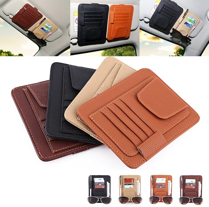 Multi-function Car Sun Visor Organizer Card Storage Glasses Holder Clip Pouch Bag Hanging Holder PU Leather(Beige)