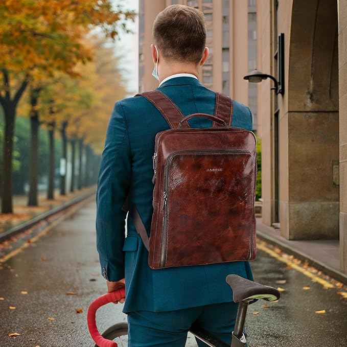 Banuce Full Grain Italian Leather Backpack for Men Laptop Backpack for Business Work Travel with Luggage Strap and Adjustable Strap Vintage Brown