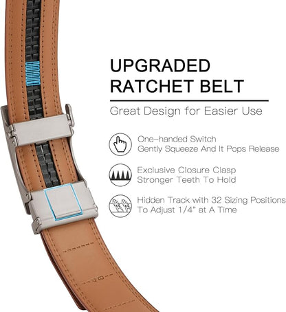SENDEFN Men's Leather Belt Automatic Ratchet Buckle Slide Belt for Dress Casual Trim to Fit with Gift Box