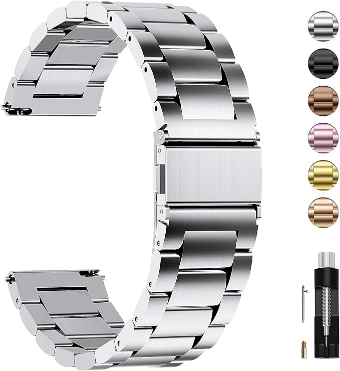 Fullmosa 19mm Stainless Steel Watch Band, Quick Release Metal Replacement Strap with Removable Links, Includes Spring Bars & Link Removal Tool for Men Women (Silver)