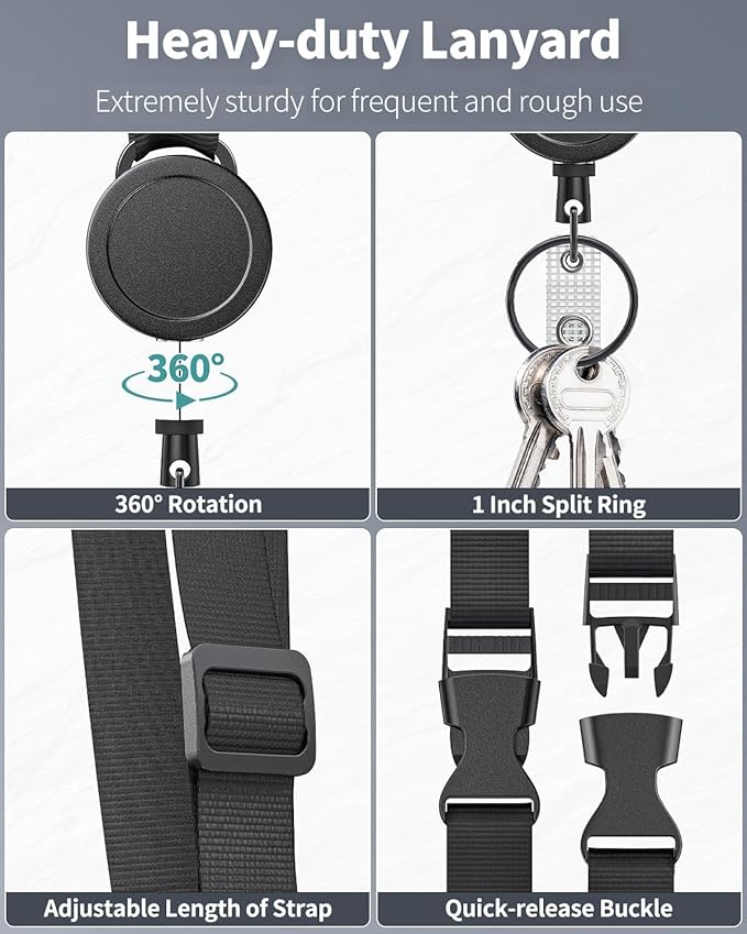 Uniclife Retractable Adjustable Lanyard Heavy Duty Neck Lanyard with Retractable Badge Reel Quick-Release Buckle and Adjustable Length Strong Wide Nylon Strap with Sliding ID Badge Holder