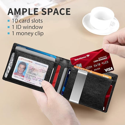 RUNBOX Slim Money Clip Wallets for Men RFID Blocking 11 Card Holder Minimalist Small Leather Bifold Men's Front Pocket Wallet Gift Box
