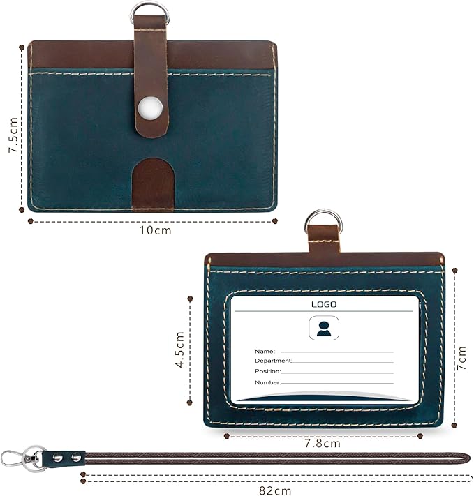 Badge Holder: Boshiho Cowhide Leather ID Badge Card Holder with 19" Neck Lanyard, Horizontal Style (Blue)
