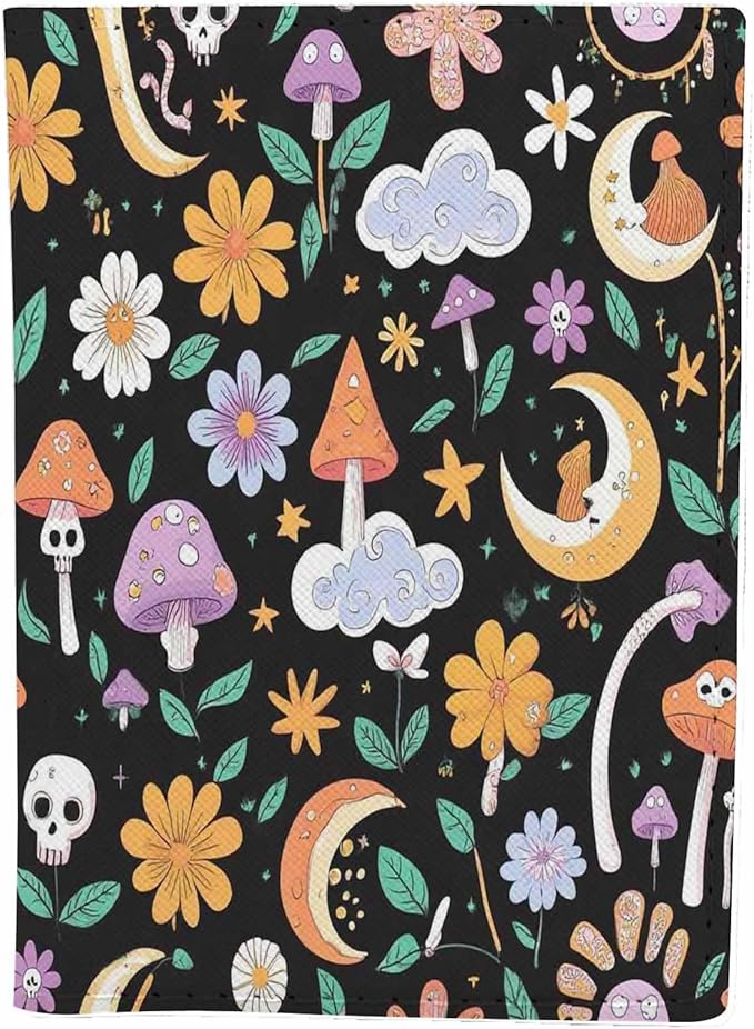 Retro Boho Passport Holder for Travel Mushrooms Skull Crescent Flowers PU Leather Passport Cover Wallet Cute Passport Card Holder for Women and Men