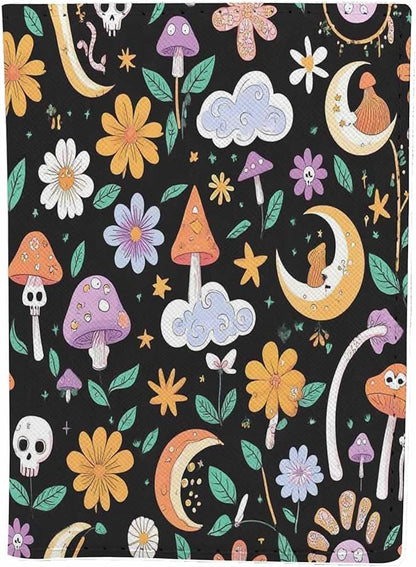 Retro Boho Passport Holder for Travel Mushrooms Skull Crescent Flowers PU Leather Passport Cover Wallet Cute Passport Card Holder for Women and Men