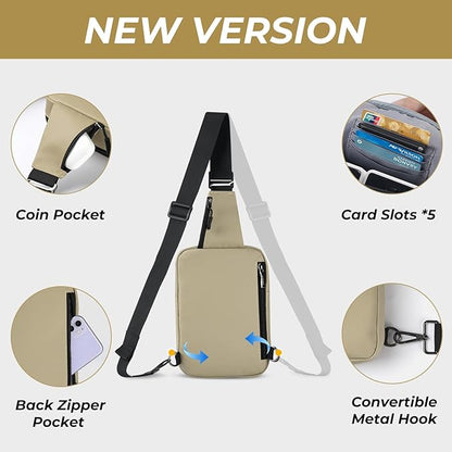 VADOO Sling Bag, Crossbody Bags with RFID & Water Resistant for Women and Men Small Faux Leather Chest Bag for Travel, Khaki