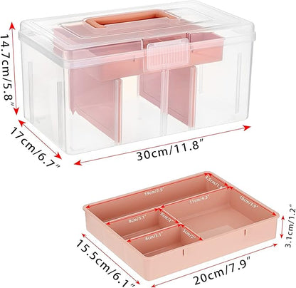 BTSKY 2 Layer Clear Plastic Dividing Storage Box with Removable Tray Multipurpose Stationery Storage Box with Handle Portable Sewing Boxes Art Craft Supply Organizer Home Utility Box(Big Pink)