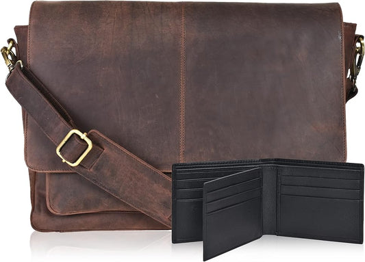 Oak Leathers Leather Messenger Bag for Men and Women - Laptop Briefcase Bag For College, Office, Adjustable Shoulder Strap