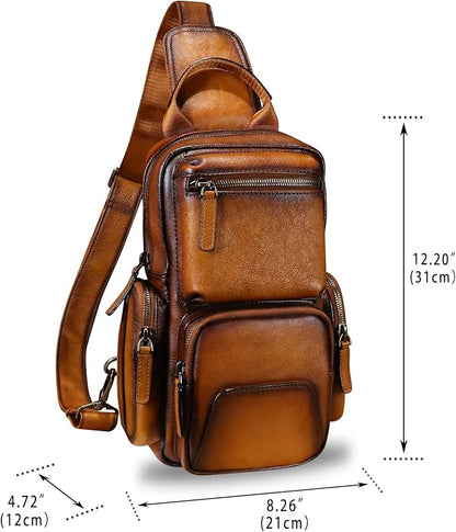 IVTG Genuine Leather Sling Bag Crossbody Casual Hiking Daypack Vintage Handmade Chest Bag Shoulder Backpack Motorcycle Pack (Brown)
