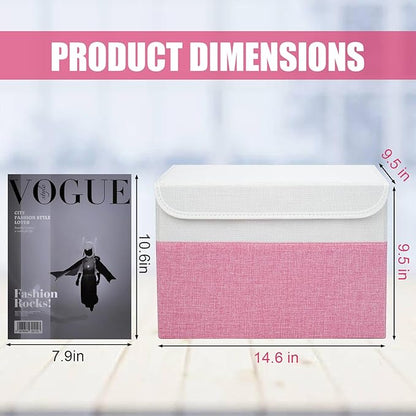 Bagnizer Large 22 Quart Linen Fabric Foldable Storage Bin Cube Organizer Basket with Flip-Top Lid & Handles, Clothes Blanket Box for Home, Office, Closet, Pink & White, 4 Pack 14.6 x 9.5 x 9.5