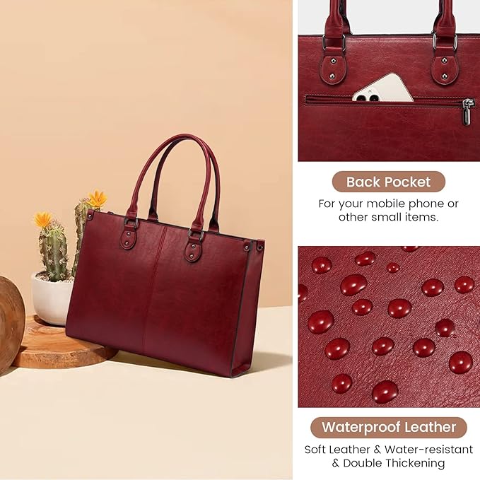 LOVEVOOK Laptop Tote Bag for Women, 15.6 Inch Large Capacity Vintage Leather Work Computer Bag, Business Casual Shoulder Handbag, Dark Red