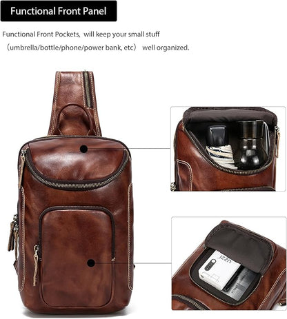 LANNSYNE Vintage Full Grain Leather Sling Bag Crossbody Chest Daypack | Vintage, Full Grain, Leather, Chest
