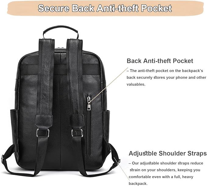 Genuine Leather 15.6 Inch Laptop Backpack for Men & Women, Business Commute Bag Daypack with Multi-Pockets for Travel Outdoor