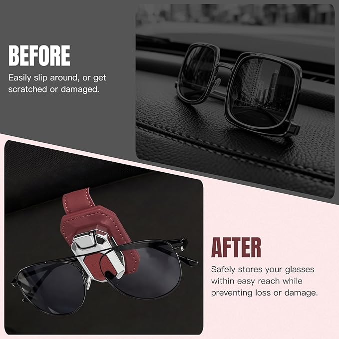 2PCS Sunglass Holder for Car Visor, Faux Leather Eyeglass Holder Clip for Car Sun Visor Organizer, Universal One Handed Operation Sun Glass Hanger, Car Interior Accessories for Women Man