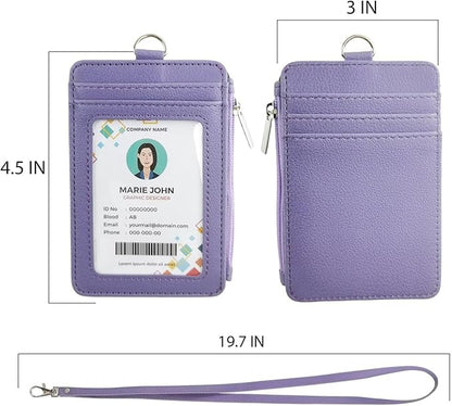 bolimoss Purple Badge Holder with Side Zip Pocket,Cute Women Lanyard Wallets, Multiple Card Slots Leather ID Holder Wallet with Neck Lanyard for Nurse,School Teachers/Students, Couriers, Worker