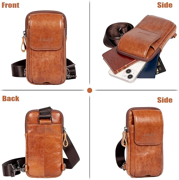 Small Crossbody Bag for Men Women - Genuine Leather Mini Sling Bag with Charging Port