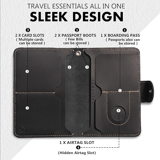Genuine Leather Passport Holder for Travel - Rfid Passport Wallet with Hidden AirTag Slot, 2 Card Slots,for Men & Women & Family - Button Bifold Hidden Airtag Slot Style,Black