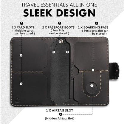 Genuine Leather Passport Holder for Travel - Rfid Passport Wallet with Hidden AirTag Slot, 2 Card Slots,for Men & Women & Family - Button Bifold Hidden Airtag Slot Style,Black