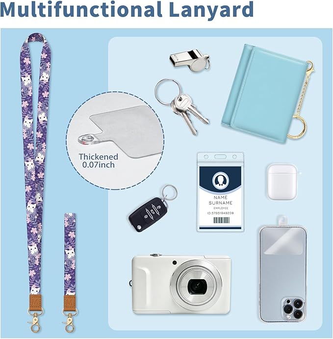 Lanyard Wallet with Id Badge Holder, White Cat RFID Small Keychain Wallet Women Wristlet, Cute Zipper Credit Card Holder Phone Wrist Neck Strap for Key Name Tag, Teacher Student Office Gifts