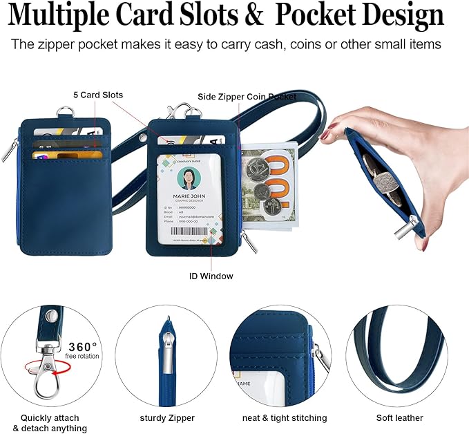 bolimoss 2-in-1 ID Badge Holder & Lanyard Wallet, Leather ID Badge Card Holder Wallet with 5 Card Slots, 1 Side Zipper Pocket,Detachable Keychain Lanyards for Office Worker School Teacher, Navy Blue