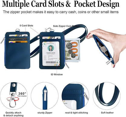 bolimoss 2-in-1 ID Badge Holder & Lanyard Wallet, Leather ID Badge Card Holder Wallet with 5 Card Slots, 1 Side Zipper Pocket,Detachable Keychain Lanyards for Office Worker School Teacher, Navy Blue