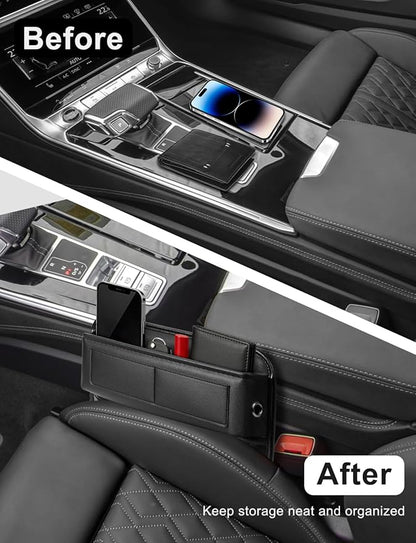 2 Pack Car Universal Fit Seat Gap Filler Organizer, Premium Leather Front Car Gap Filler, Center Console Seat Side Organizer with Card Slots for Car, SUV Truck, Easy Access to Phone, Sunglasses, Key