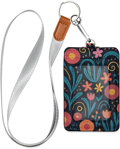 Badge Holder, Abstract Floral PU Leather School College Business ID Badge Card Holder Wallet Case with 1 Clear Window, 2 Credit Card Slots and Detachable Neck Lanyard - Vertical