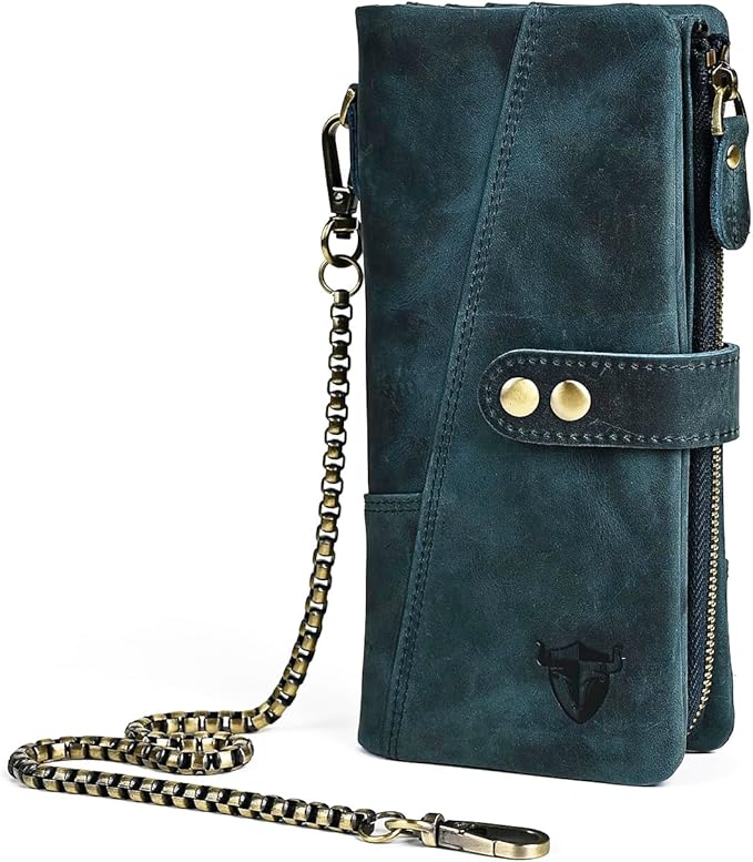 Genuine Crazy Horse Leather Travel Gift Coin Pocket Card Case Long Organizer Chain Rfid Wallet Purse With Snap For Men Male 1803 1815 (1803 The Blue)