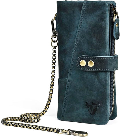 Genuine Crazy Horse Leather Travel Gift Coin Pocket Card Case Long Organizer Chain Rfid Wallet Purse With Snap For Men Male 1803 1815 (1803 The Blue)