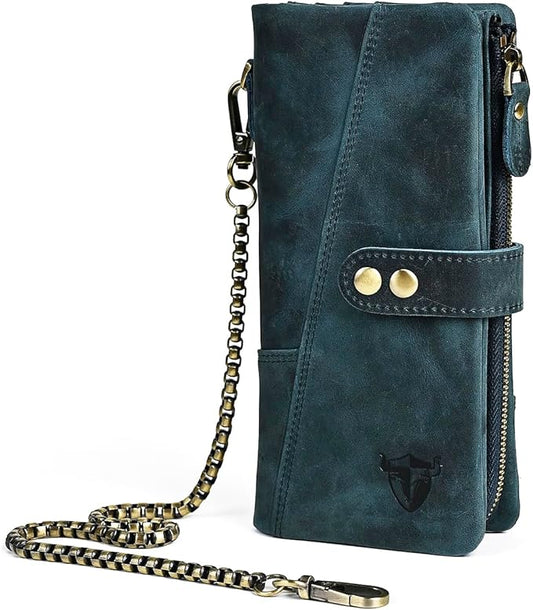 Genuine Crazy Horse Leather Travel Gift Coin Pocket Card Case Long Organizer Chain Rfid Wallet Purse With Snap For Men Male 1803 1815 (1803 The Blue)