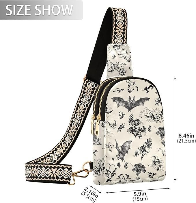 ZAZYXTJ Gothic Bat Flowers Crossbody Sling Bag for Women Leather Small Chest Bag Adjustable Straps Daypack for Travel Sport Hiking