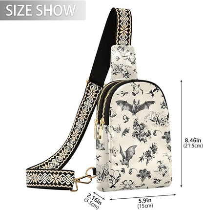 ZAZYXTJ Gothic Bat Flowers Crossbody Sling Bag for Women Leather Small Chest Bag Adjustable Straps Daypack for Travel Sport Hiking