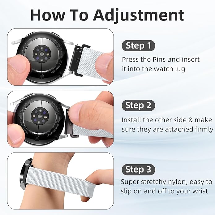 DaQin 3 Pack Nylon Watch Bands Compatible with 16mm 18mm 20mm 22mm Quick Release Watch Band, Adjustable Soft Stretchy Solo Loop Strap Elastic Braided Relacement Wristband for Men Women