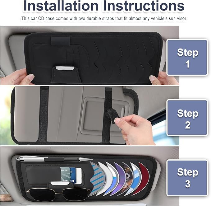 Black Car CD Holder, Leather Car Visor Organizer Sun Visor Case Holders Multi-Function DVD Vehicle Visors Storage Organizer Cars Visors Holders with Storage, Eyeglassclip, Card Slots & Pen
