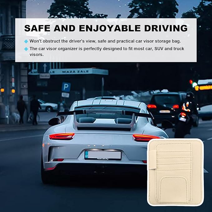 Dickno Small Leather Car Sun Visor Organizer, Multifunctional Auto Visor Document Holder with Sunglasses Clip, Universal Car Interior Organizer for Drving License, Card, Pen (Beige)