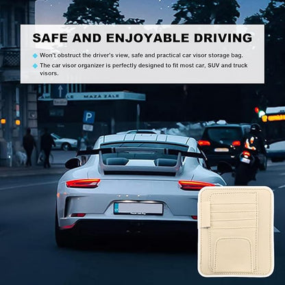 Dickno 2PCS Small Leather Car Sun Visor Organizer, Multifunctional Auto Visor Document Holder with Sunglasses Clip, Universal Car Interior Organizer for Drving License, Card, Pen (Beige)